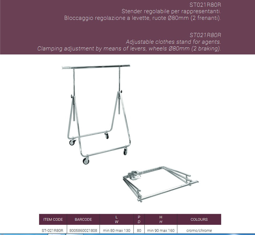 Klappbarer und verstellbarer Kleiderständer mit gebremsten Rädern