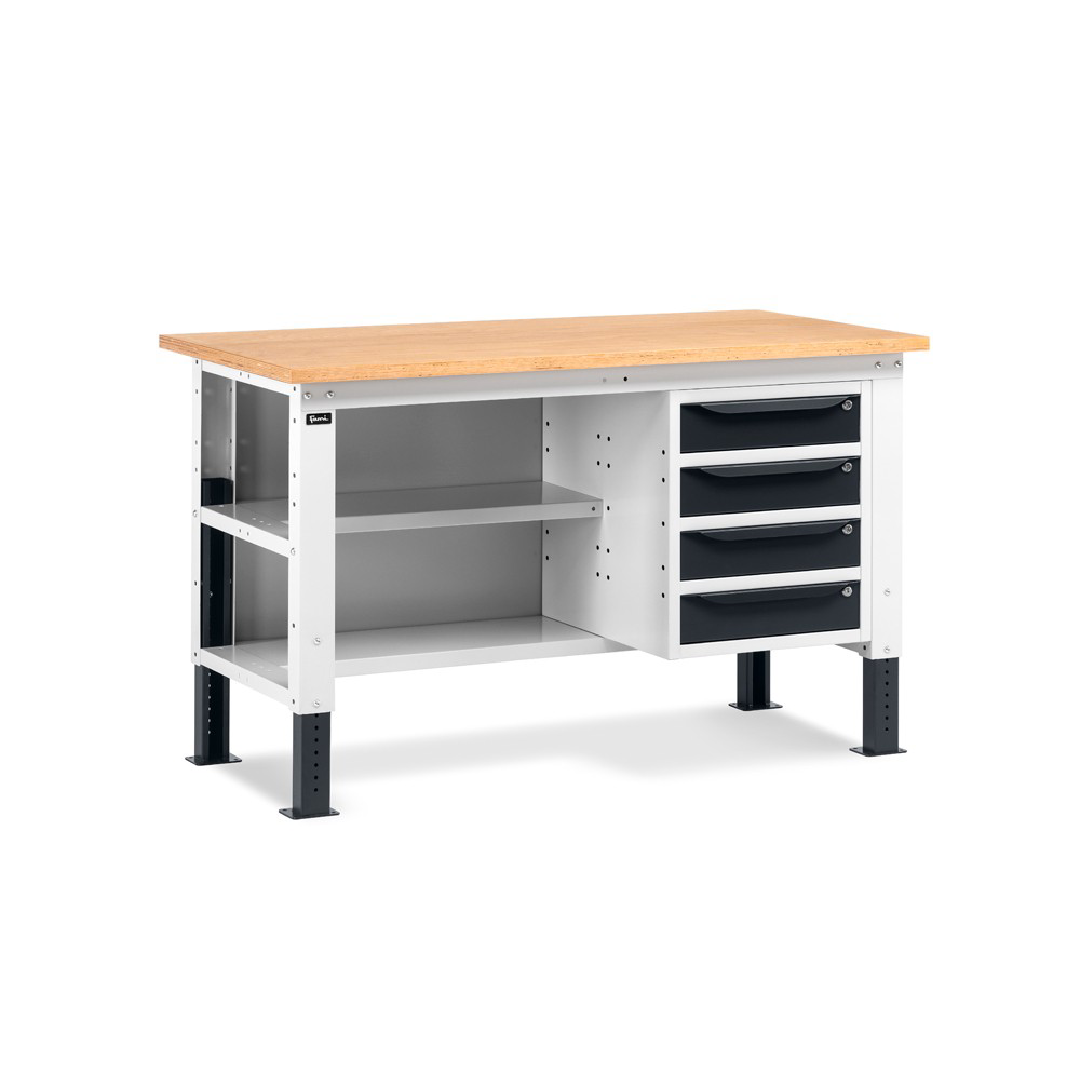 WORK15, Banco da lavoro con 1 armadio a cassetti con 4 cassetti e 2 semipiani