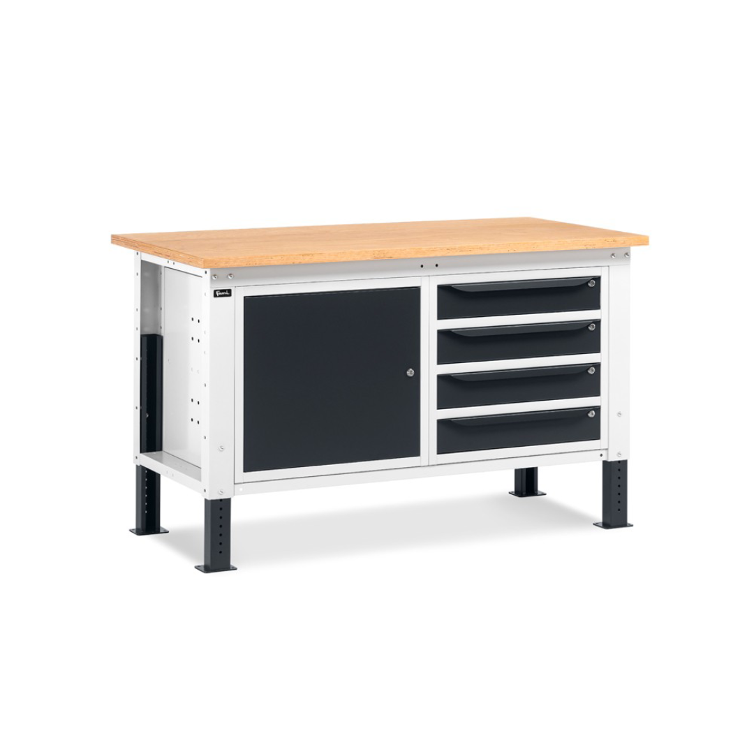 WORK15, Banco da lavoro con 1 armadio a cassetti con 4 cassetti e 1 armadio con porta