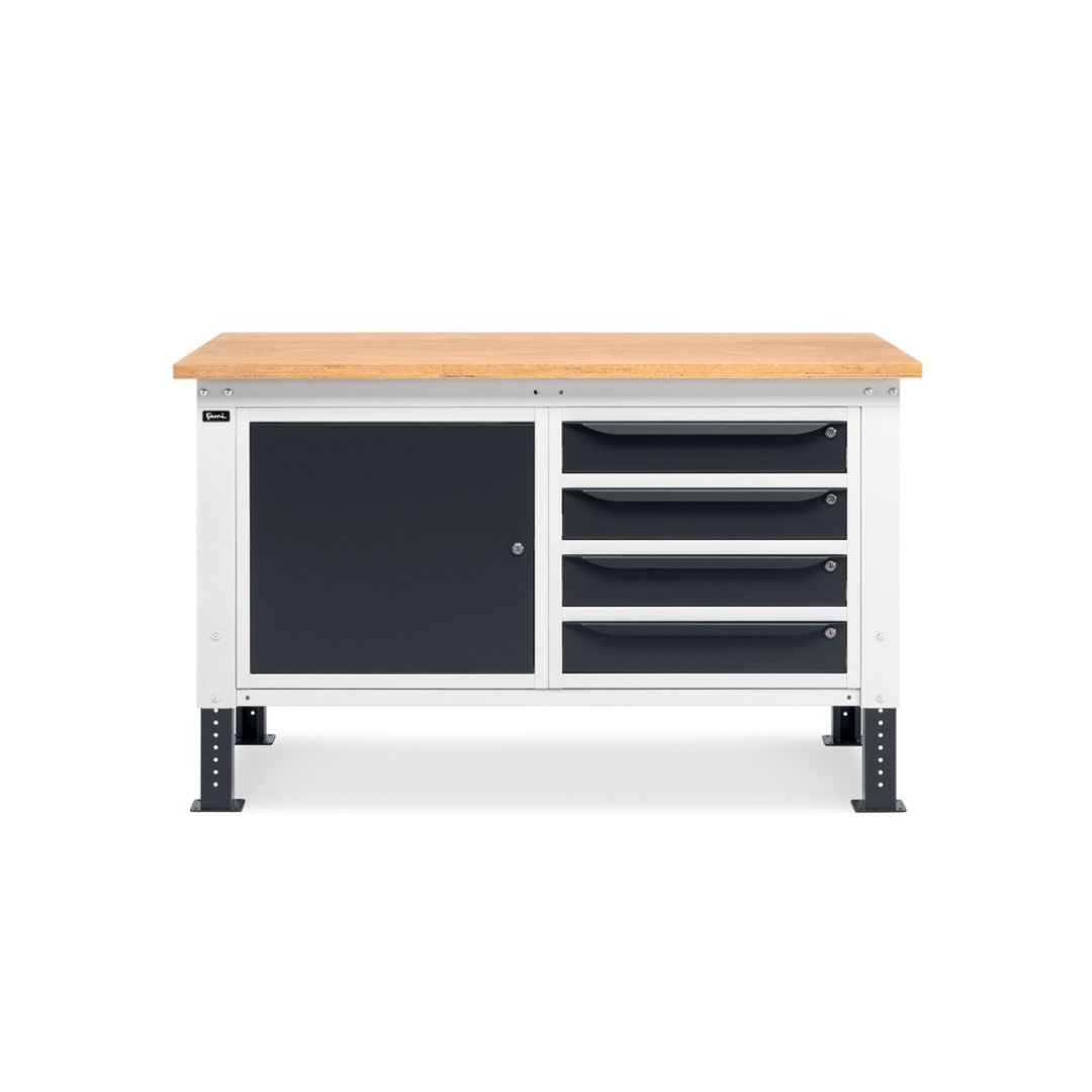 WORK15, Banco da lavoro con 1 armadio a cassetti con 4 cassetti e 1 armadio con porta