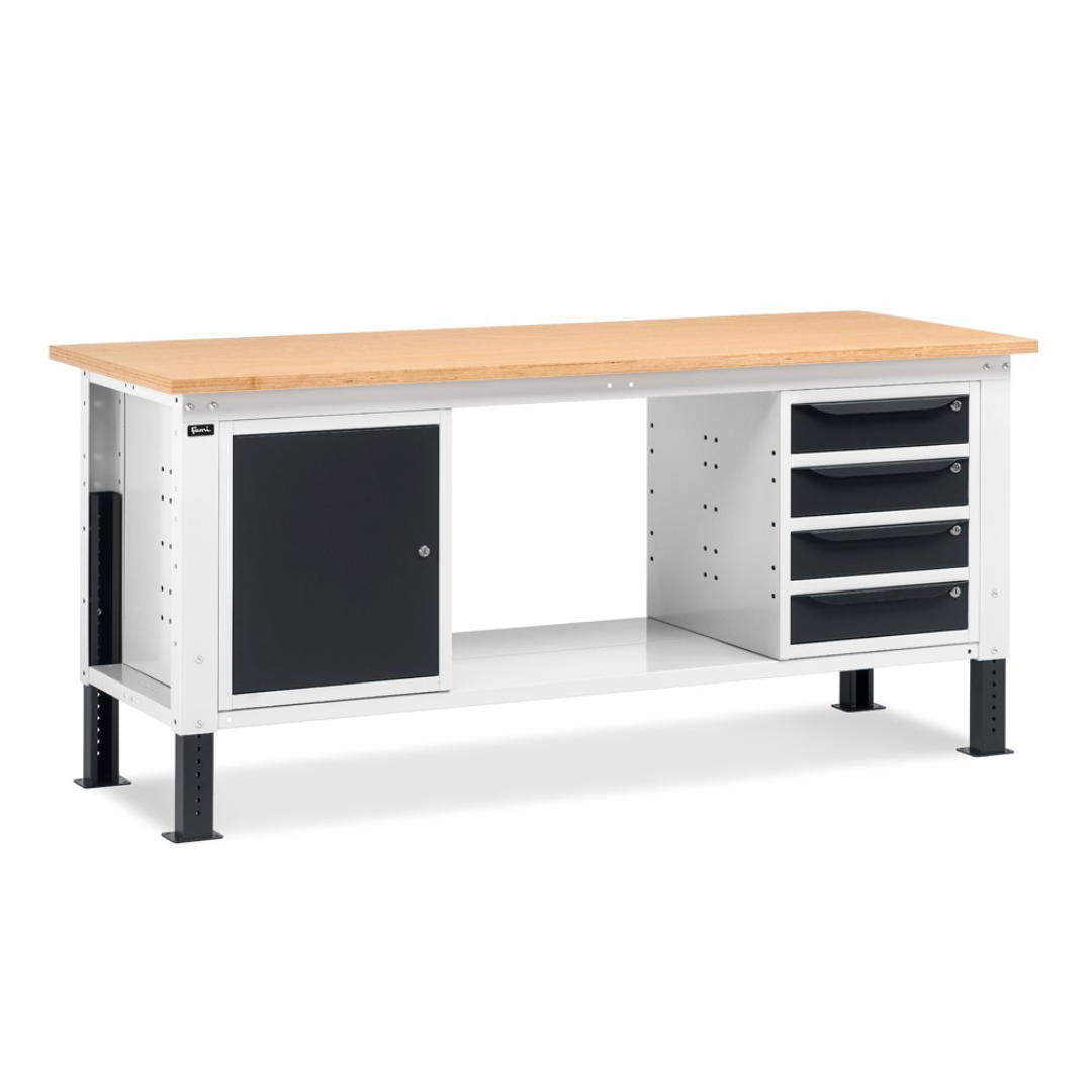 WORK20, Banco da lavoro con 1 armadio a cassetti con 4 cassetti e 1 armadio con porta