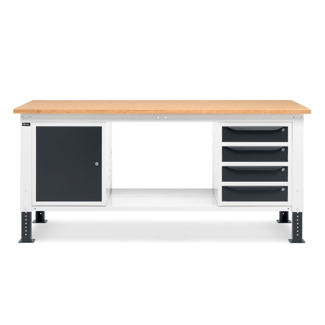 WORK20, Banco da lavoro con 1 armadio a cassetti con 4 cassetti e 1 armadio con porta