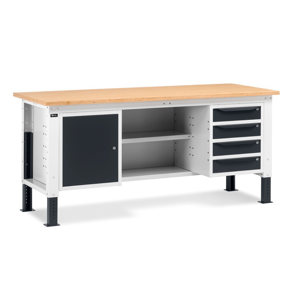 Workbench with 1 cabinet with 4 drawers, 1 cabinet with door and 2 half-tops 