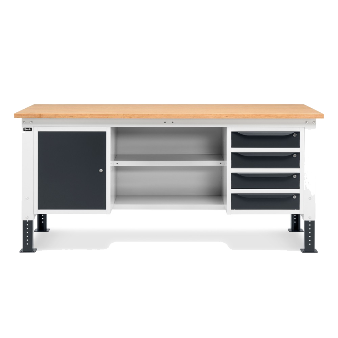 WORK20, Banco da lavoro con 1 armadio a 4 cassetti, 1 armadio con porta e 2 semipiani