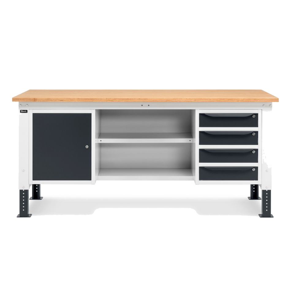 Workbench with 1 cabinet with 4 drawers, 1 cabinet with door and 2 half-tops 