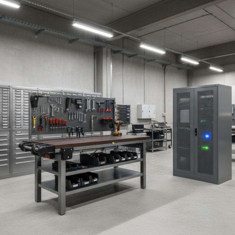 Arredo industriale in magazzino con armadio archivio, banco da lavoro attrezzato e armadio per PC, progettato per garantire ordine, sicurezza ed efficienza negli ambienti produttivi e logistici.