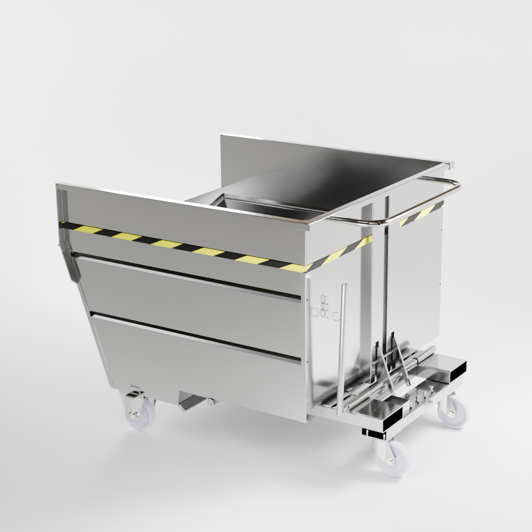 Benna ribaltabile con ruote capacità 1350 lt in acciaio inox