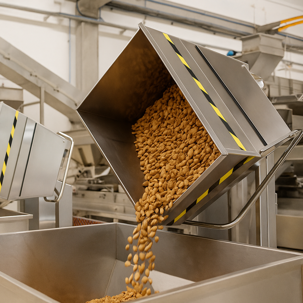 Benne in acciaio inox per la lavorazione delle mandorle, progettate per garantire igiene, sicurezza e resistenza alla corrosione nei processi alimentari e industriali.