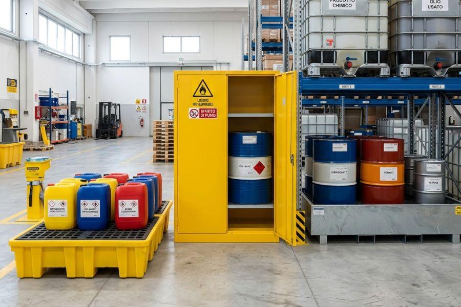 stoccaggio di liquidi in sicurezza grazie ad armadi, scaffalature con vasche di raccolta e vasche di raccolta per fusti e ibc. in metallo e in plastica