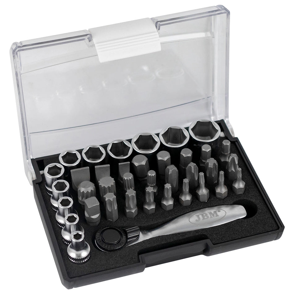 Tool case with 37 pieces and sockets + 1/4” mini ratchet