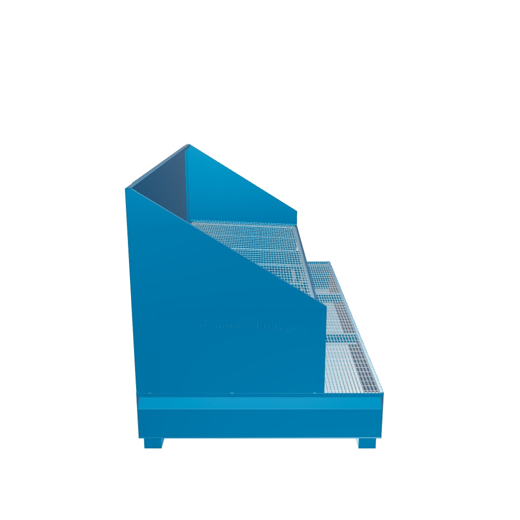 Inclined metal collection tank with splash guard for 3 1000 liter IBC tanks