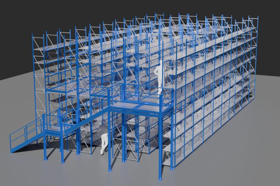 Progetto di scaffalatura con soppalco per magazzini industriali, studiato per ottimizzare lo spazio, garantire sicurezza strutturale e migliorare l’efficienza di stoccaggio e movimentazione.
