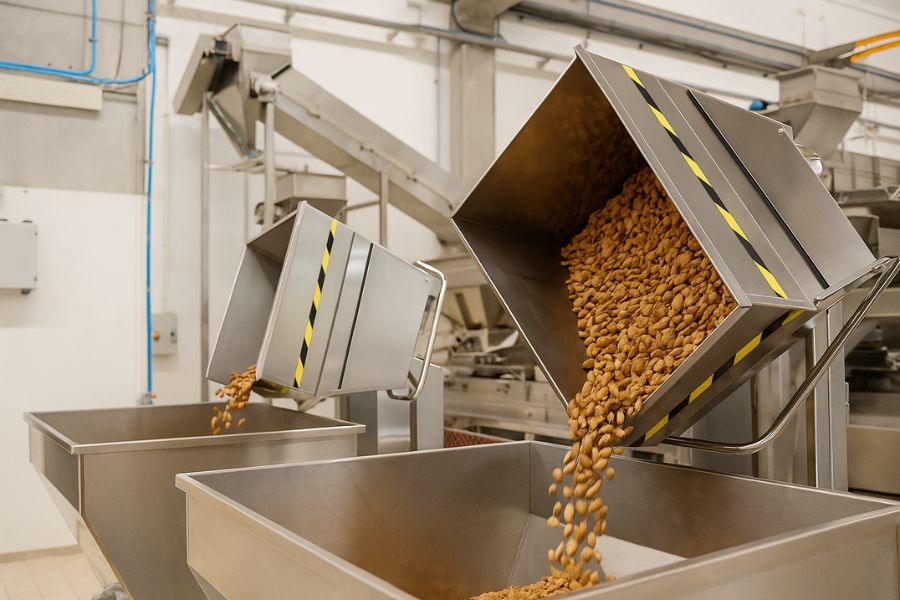 Benne in acciaio inox per la lavorazione delle mandorle, progettate per garantire igiene, sicurezza e resistenza alla corrosione nei processi alimentari e industriali.