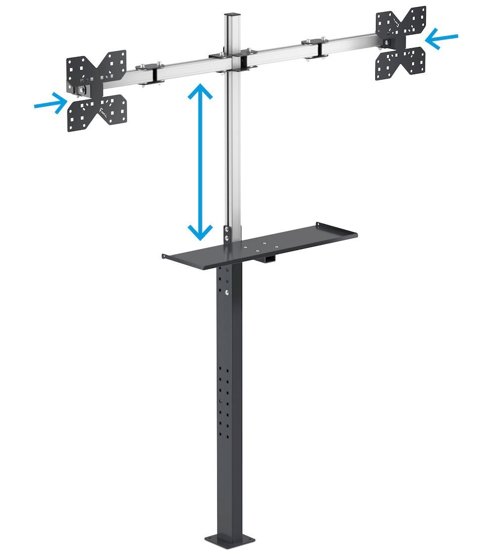 Vertikalständer mit Tastaturhalterung und Doppelmonitorarm - Maße mm L=1474 T=328 H=1859
