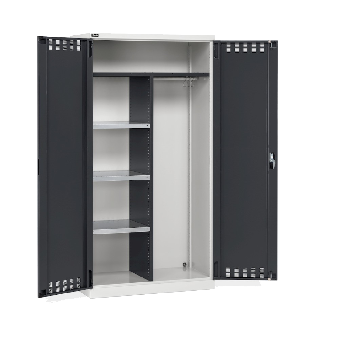PERFOM140, Armadio multiuso con ante battente fessurate, ripiani e divisorio, L1023 x P555 x H2000 mm