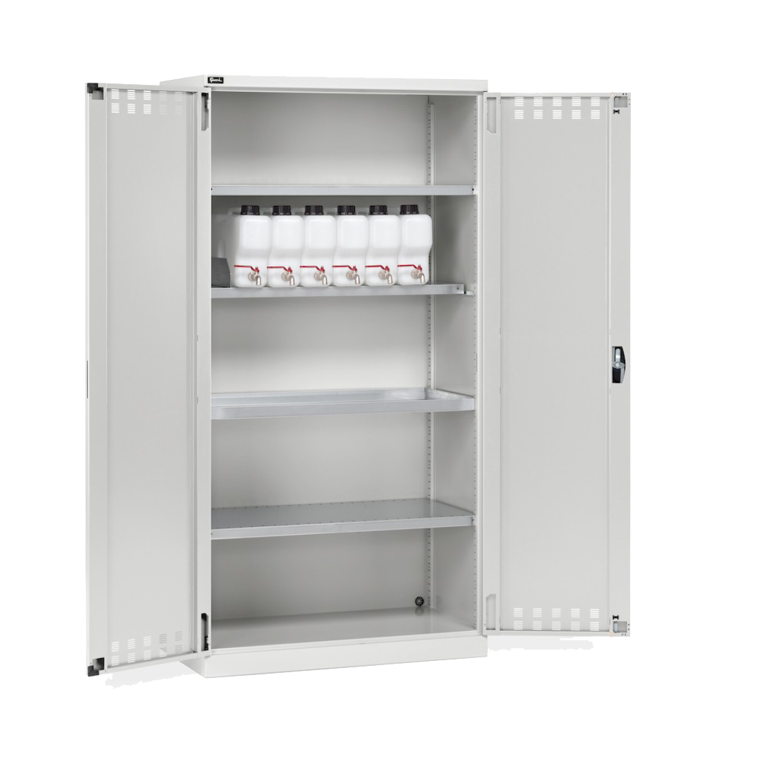 PERFOM140, Armadio 2 ante a battente fessurate, 3 piani fessurati, 6 taniche, 1 vasca interna, L1023 x P555 x H2000 mm