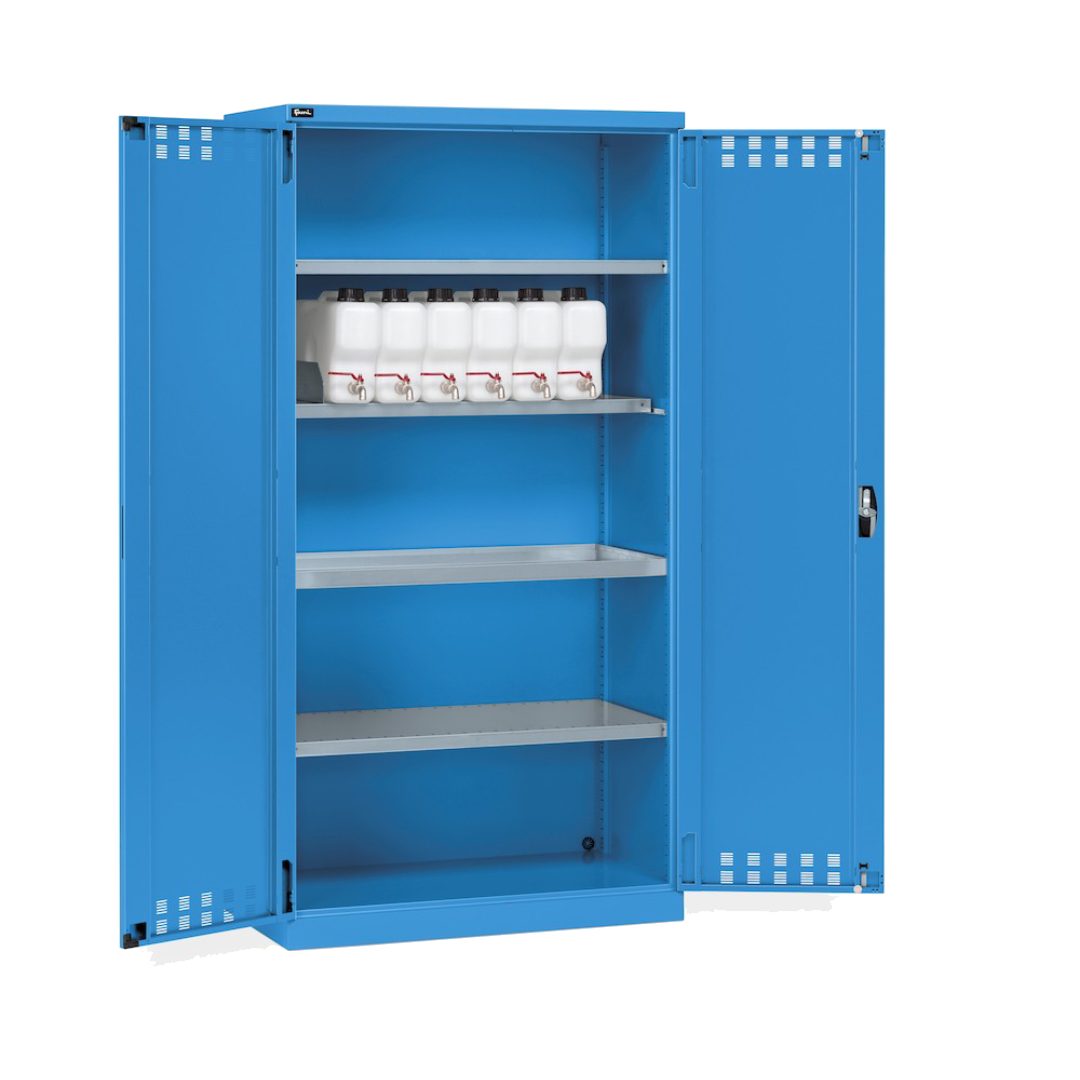 PERFOM140, Armadio 2 ante a battente fessurate, 3 piani fessurati, 6 taniche, 1 vasca interna, L1023 x P555 x H2000 mm