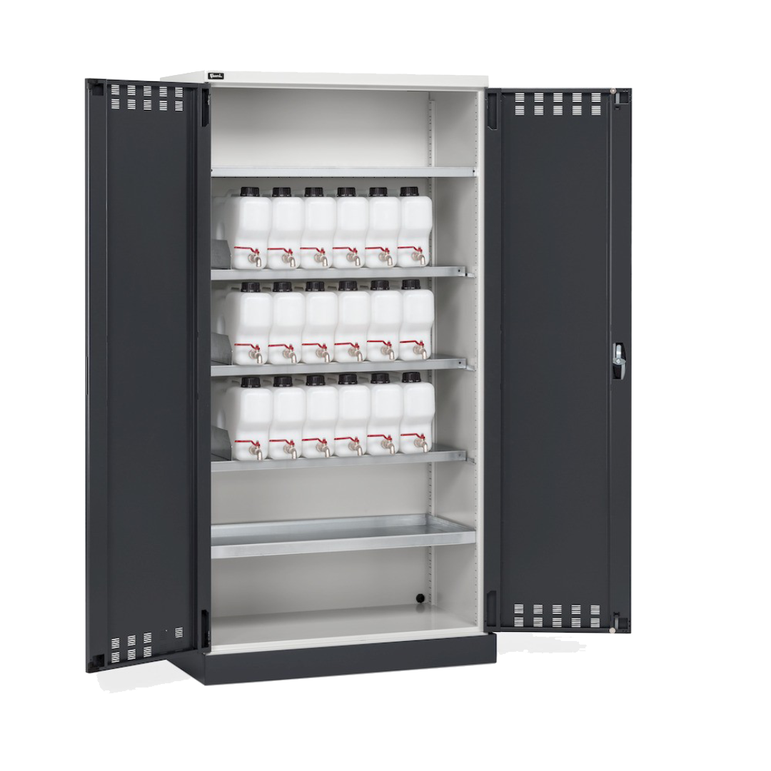 PERFOM140, Armadio 2 ante a battente fessurate, 4 piani, 18 taniche, 1 vasca interna, 1 vasca esterna, L1048 x P600 x H2027 mm