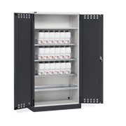 PERFOM140, Armadio 2 ante a battente fessurate, 4 piani, 18 taniche, 1 vasca interna, 1 vasca esterna, L1048 x P600 x H2027 mm