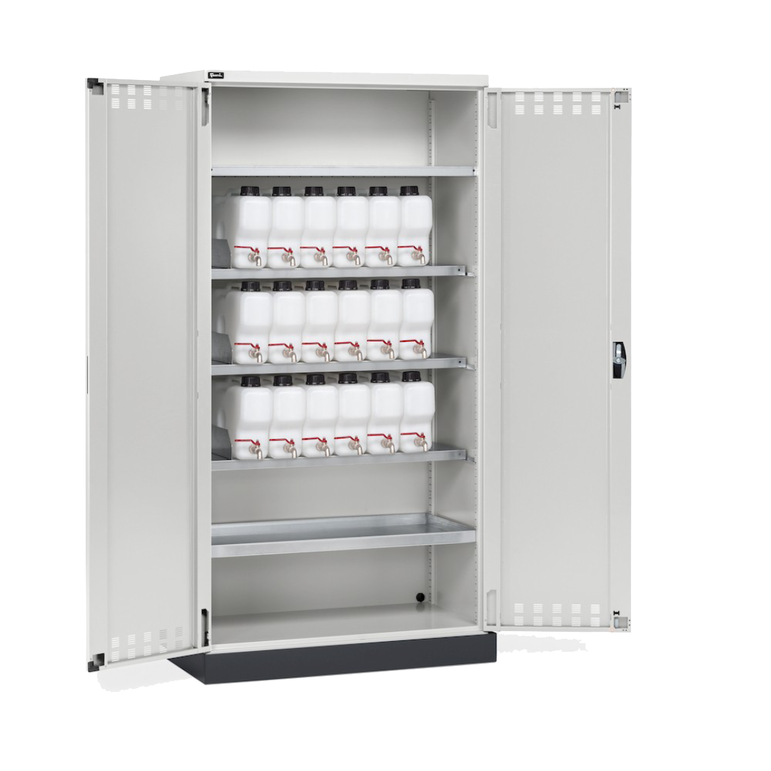 PERFOM140, Armadio 2 ante a battente fessurate, 4 piani, 18 taniche, 1 vasca interna, 1 vasca esterna, L1048 x P600 x H2027 mm