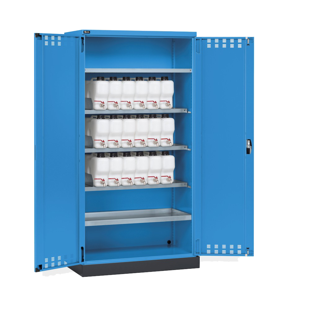 PERFOM140, Armadio 2 ante a battente fessurate, 4 piani, 18 taniche, 1 vasca interna, 1 vasca esterna, L1048 x P600 x H2027 mm