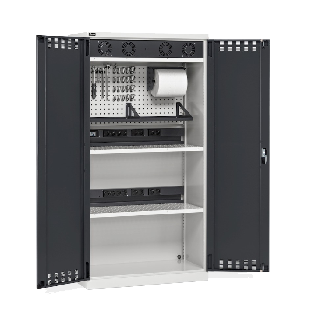 PERFOM140, Armadio caricabatterie con griglia areazione, pannelli forati, accessori, L1023 x P555 x H2000
