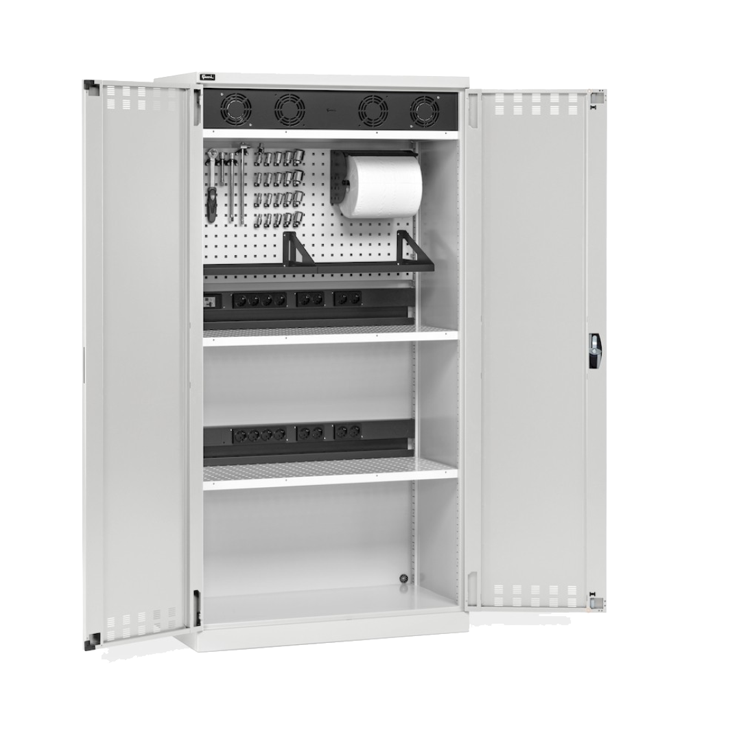 PERFOM140, Armadio caricabatterie con griglia areazione, pannelli forati, accessori, L1023 x P555 x H2000