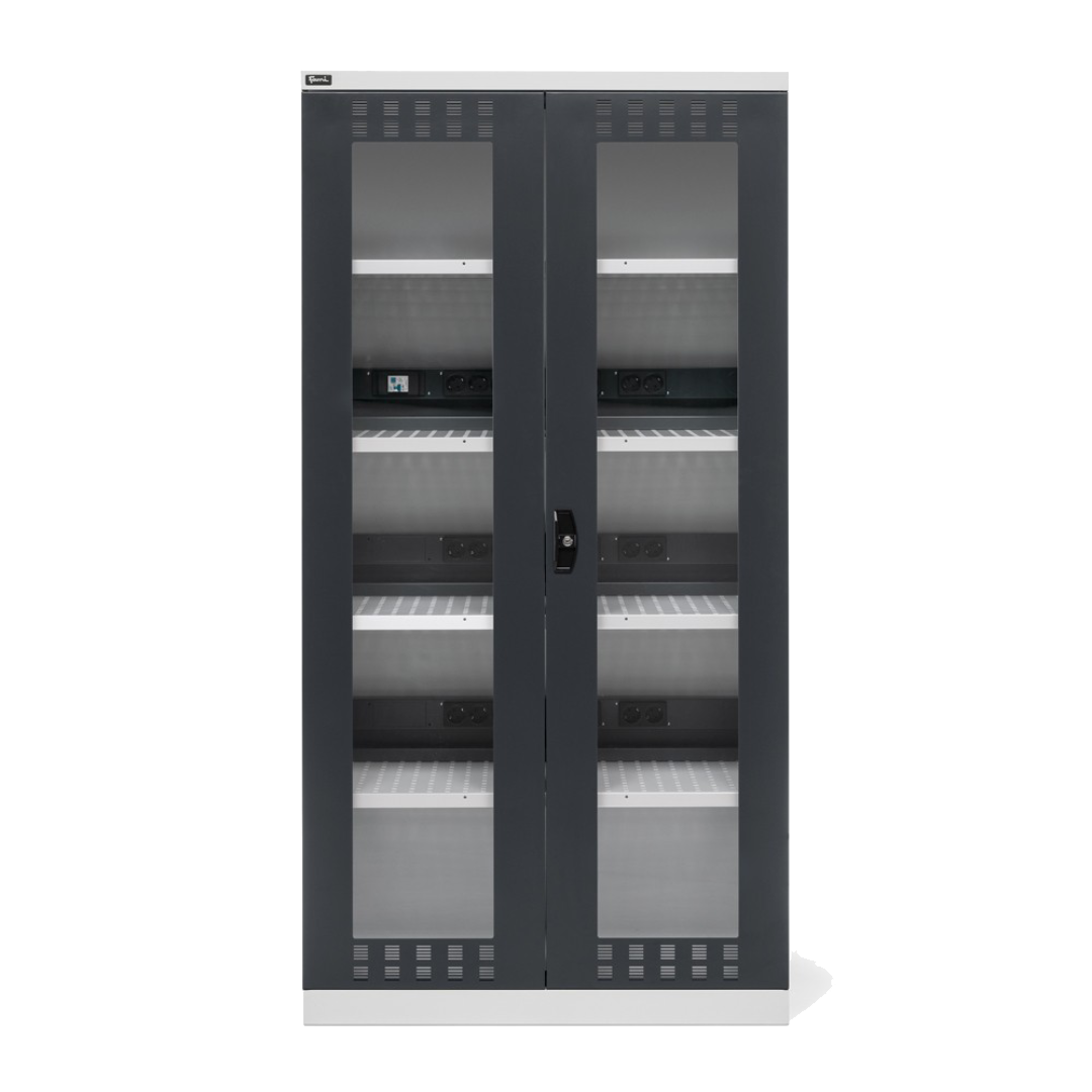 PERFOM14037, Armadio caricabatterie con ante in policarbonato, 4 piani/pannelli forati, L1023 x P555 x H2000 mm - Mayermoover