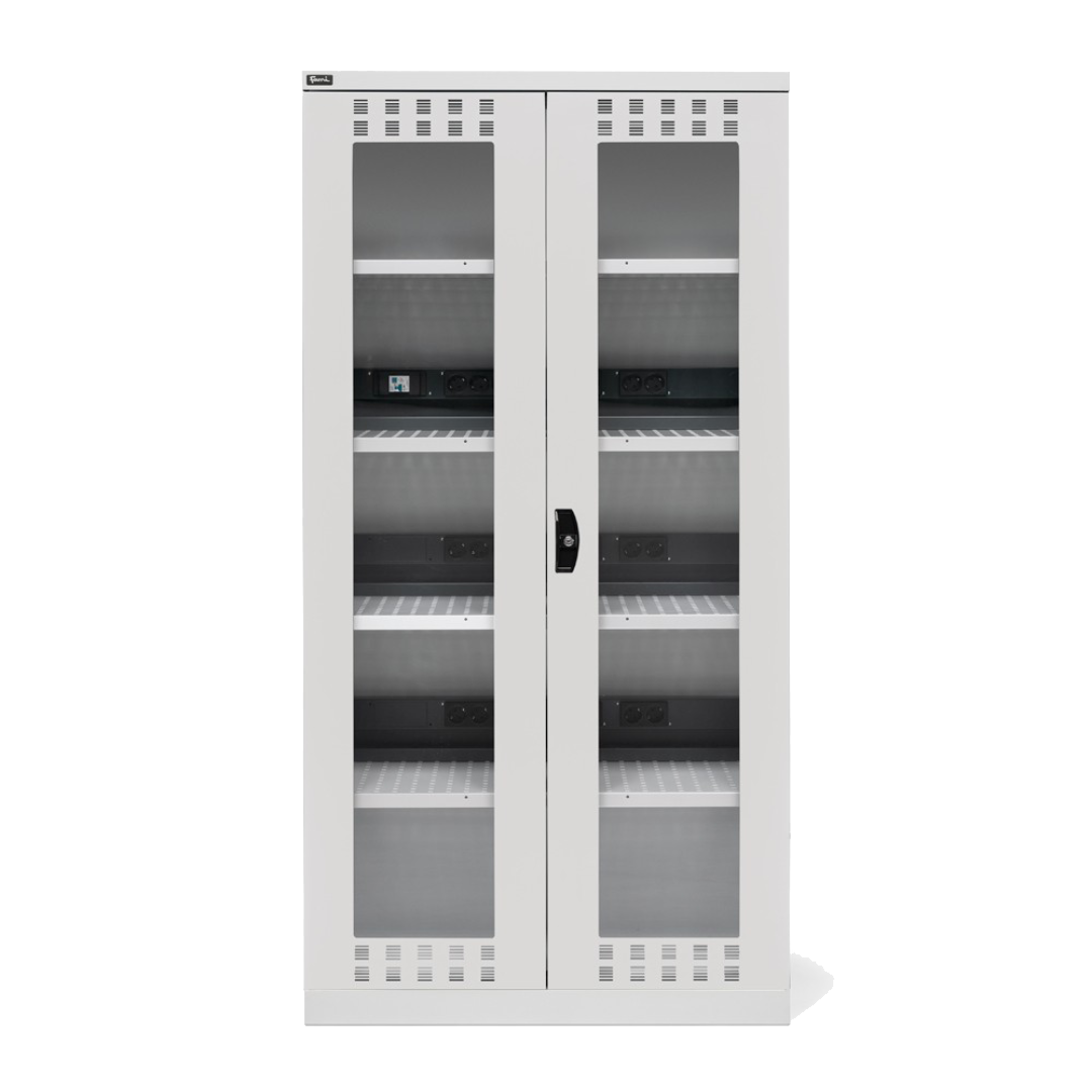 PERFOM140, Armadio caricabatterie con ante in policarbonato, 4 piani/pannelli forati, L1023 x P555 x H2000 mm