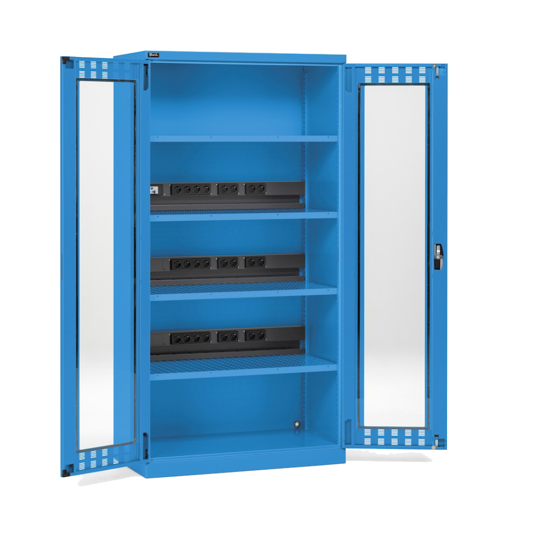 PERFOM140, Armadio caricabatterie con ante in policarbonato, 4 piani/pannelli forati, L1023 x P555 x H2000 mm