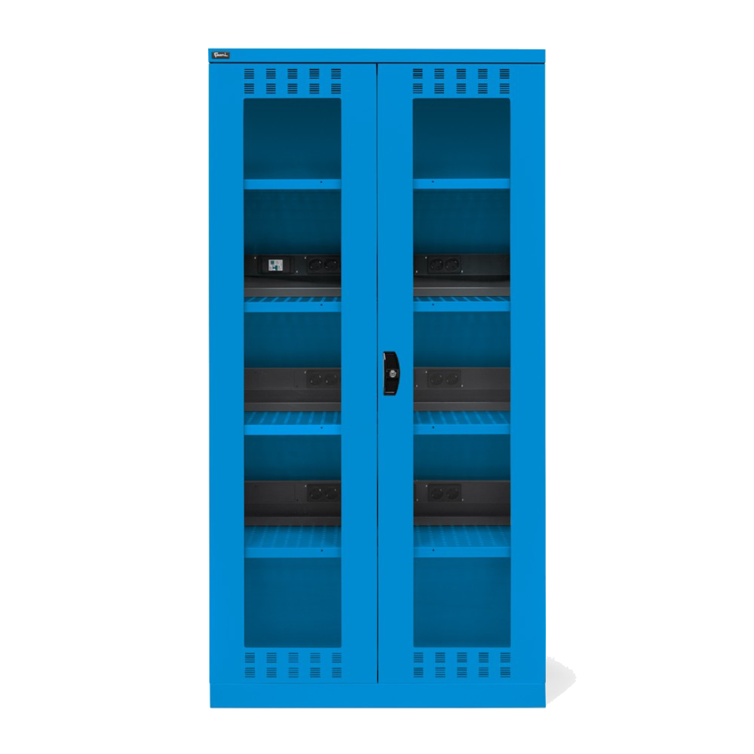 PERFOM14037, Armadio caricabatterie con ante in policarbonato, 4 piani/pannelli forati, L1023 x P555 x H2000 mm - Mayermoover