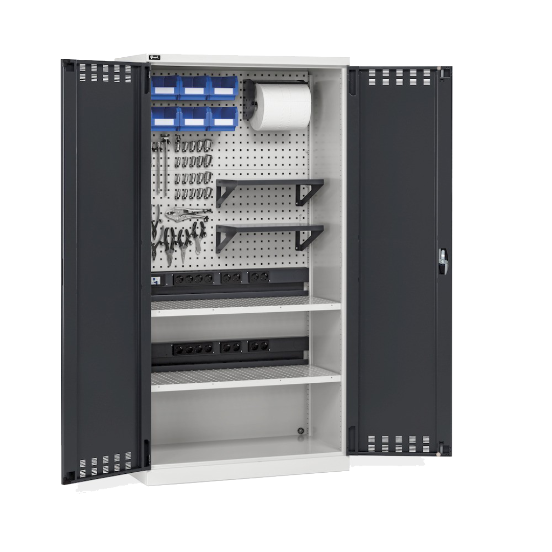 PERFOM140, Armadio caricabatterie con ante battenti, pannelli forati, accessori, L1023 x P555 x H2000 mm