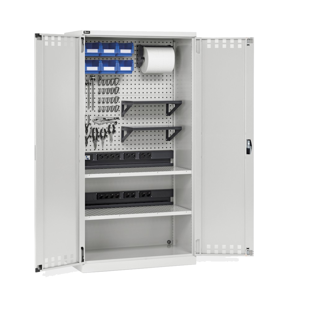 PERFOM140, Armadio caricabatterie con ante battenti, pannelli forati, accessori, L1023 x P555 x H2000 mm