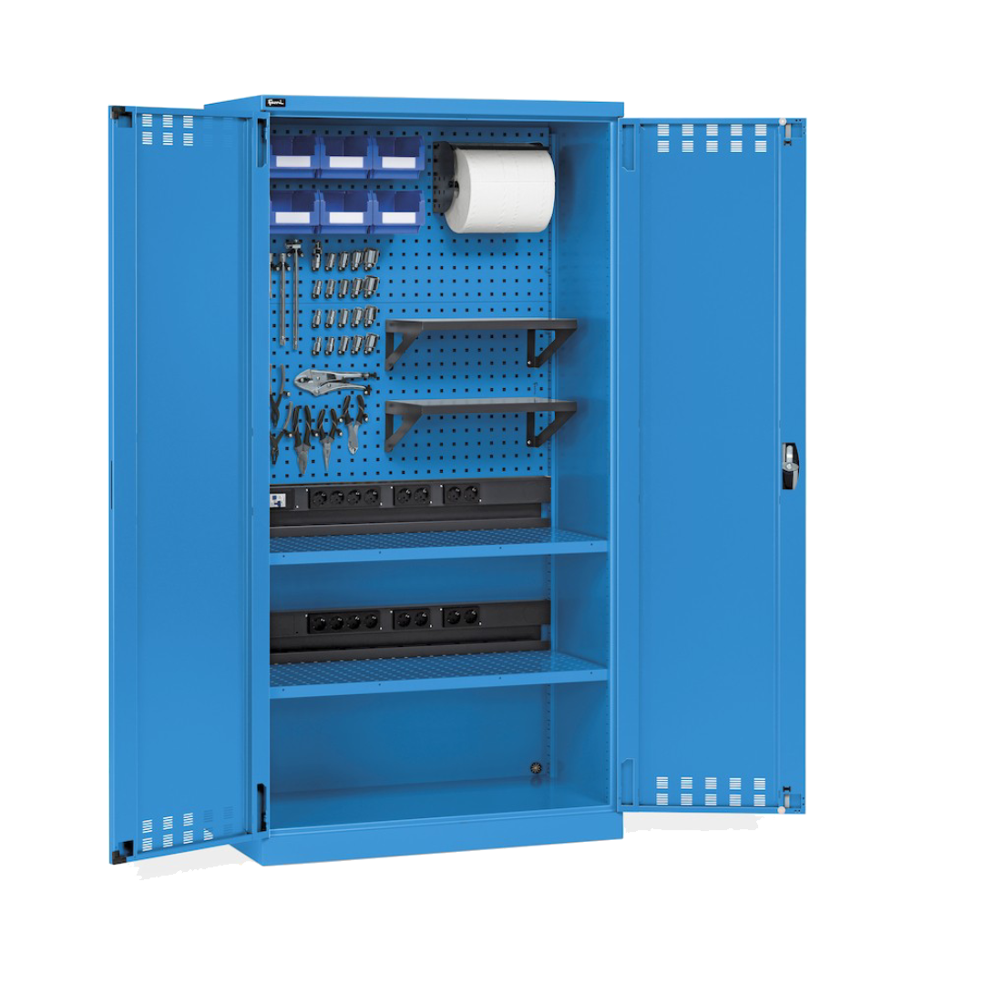 PERFOM140, Armadio caricabatterie con ante battenti, pannelli forati, accessori, L1023 x P555 x H2000 mm