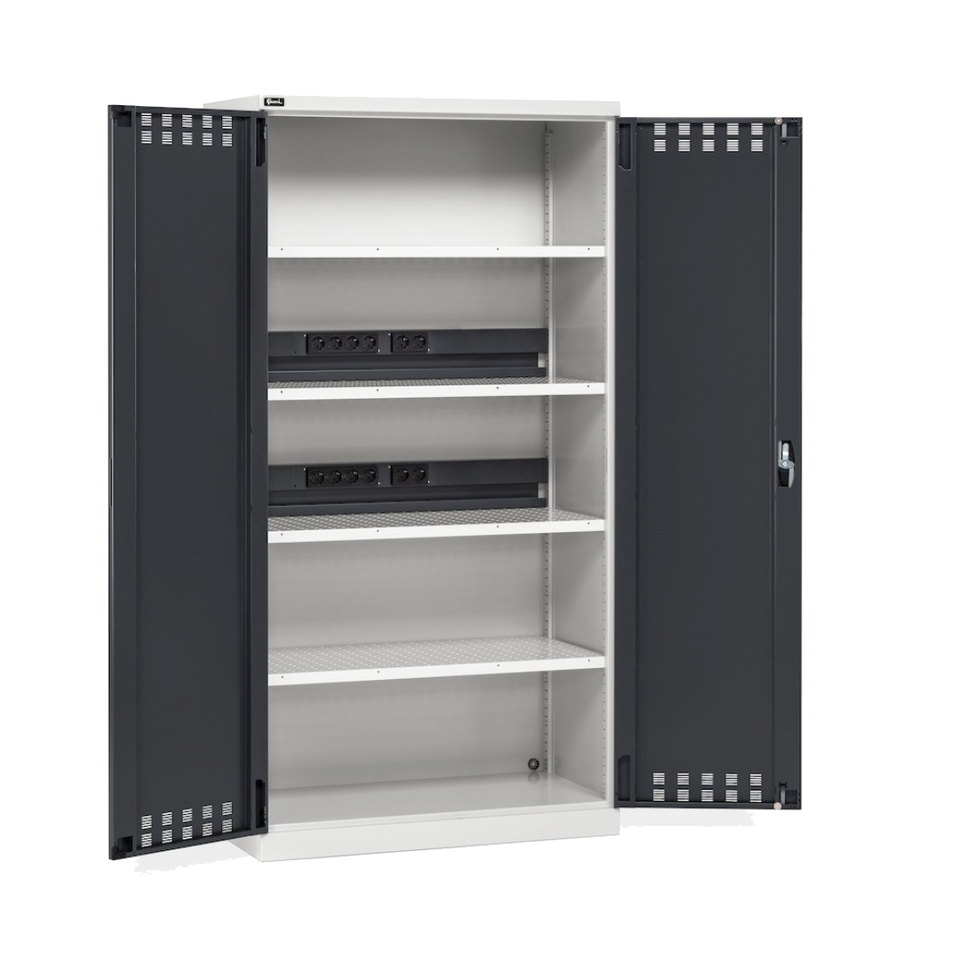 PERFOM140, Armadio caricabatterie con ante battenti in lamiera e ripiani forati, L1023 x P555 x H2000 mm