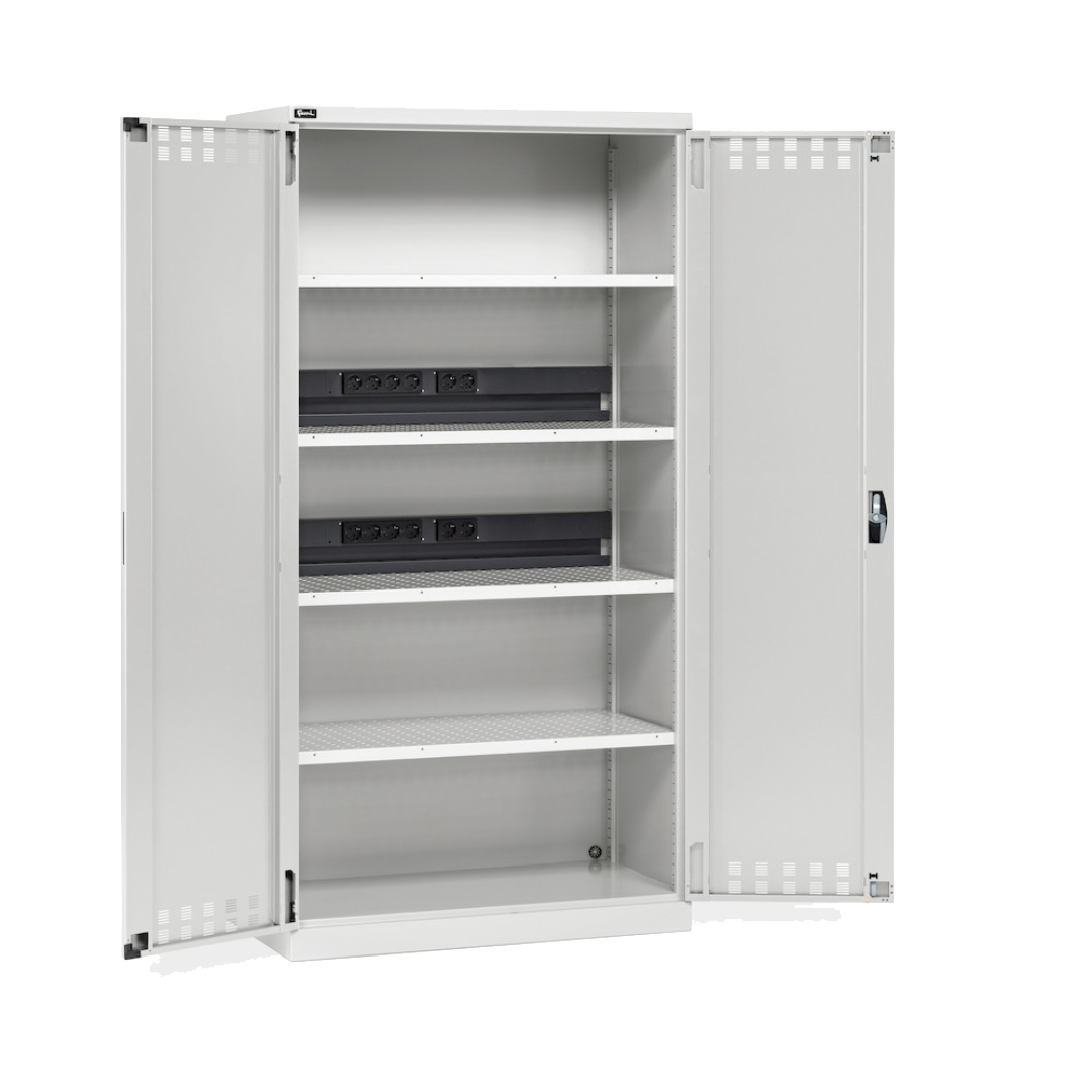 PERFOM140, Armadio caricabatterie con ante battenti in lamiera e ripiani forati, L1023 x P555 x H2000 mm