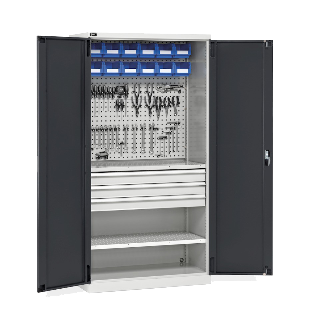 PERFOM140, Armadio portautensili, ante a battente, cassetti, piani, contenitori e ganci, L1023 x P555 x H2000 mm