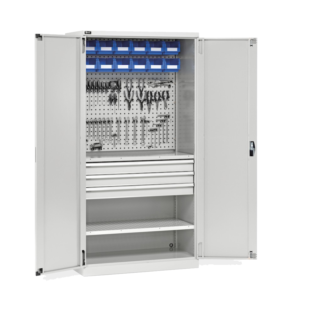 PERFOM140, Armadio portautensili, ante a battente, cassetti, piani, contenitori e ganci, L1023 x P555 x H2000 mm