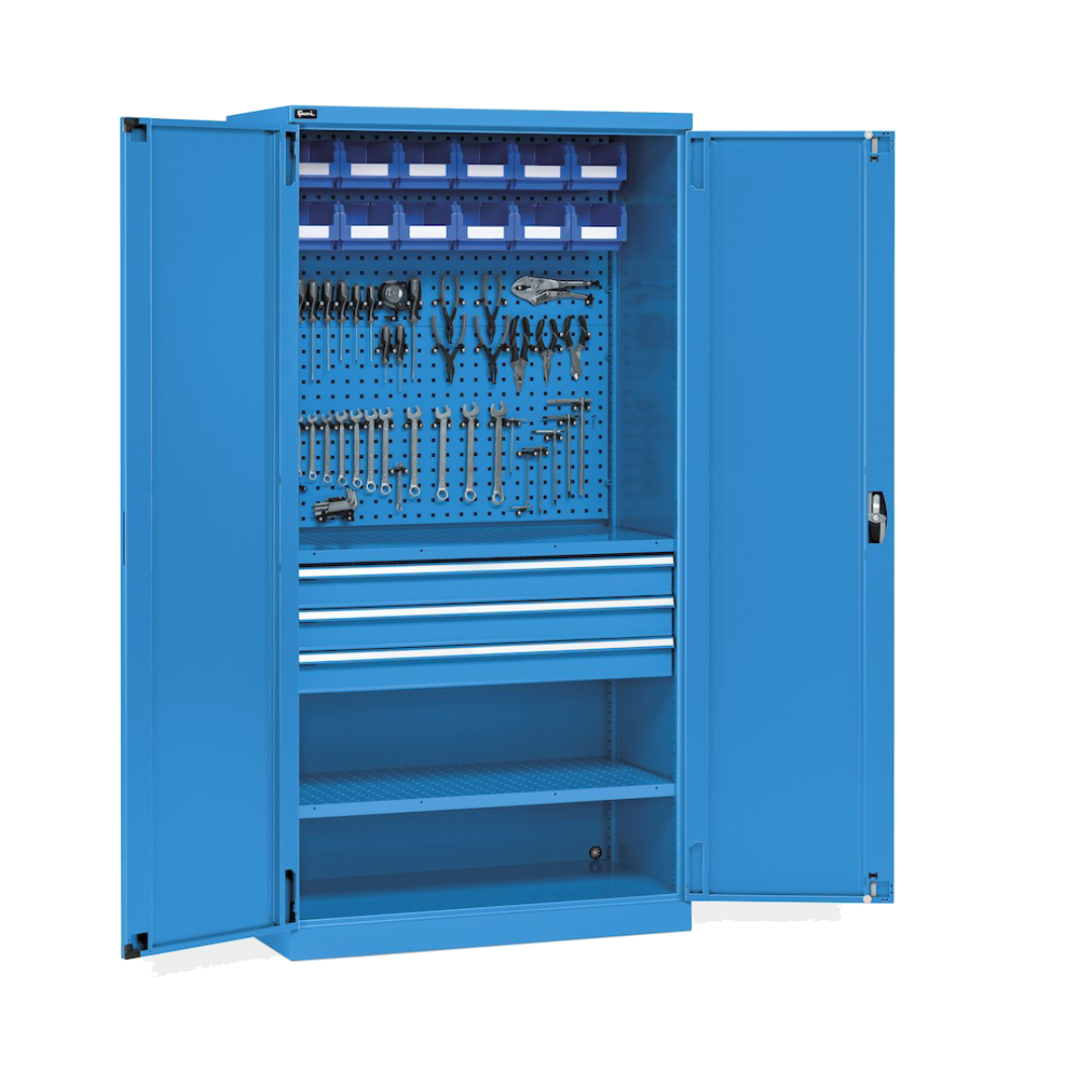 PERFOM140, Armadio portautensili, ante a battente, cassetti, piani, contenitori e ganci, L1023 x P555 x H2000 mm