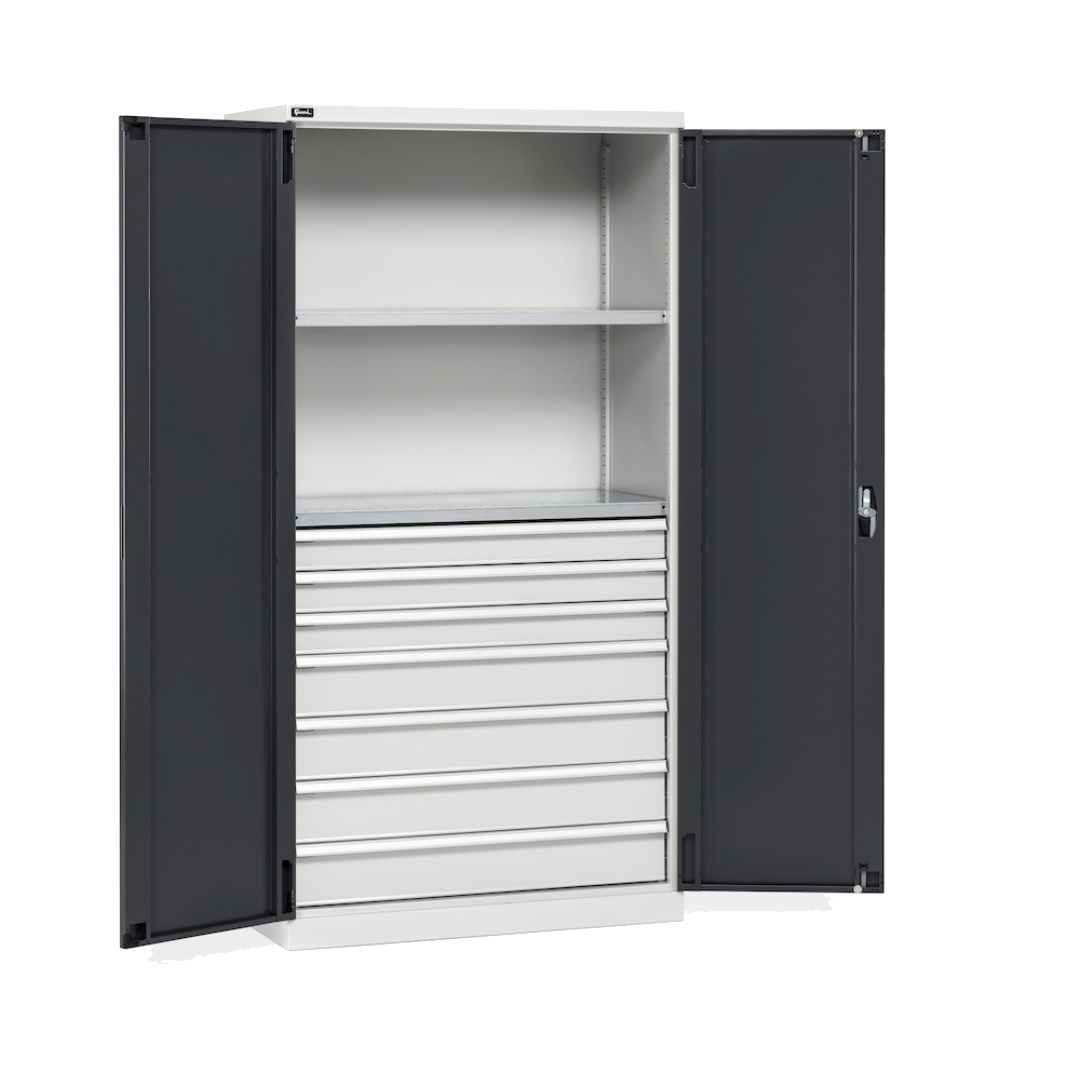 PERFOM140, Armadio 2 ante a battente, 2 ripiani, 7 cassetti, L1023 x P555 x H2000 mm