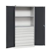 PERFOM140, Armadio 2 ante a battente, 2 ripiani, 7 cassetti, L1023 x P555 x H2000 mm