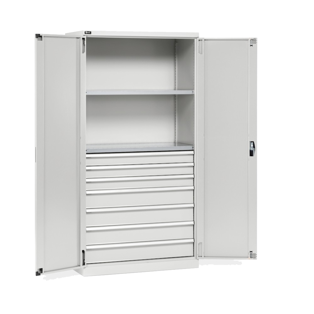 PERFOM140, Armadio 2 ante a battente, 2 ripiani, 7 cassetti, L1023 x P555 x H2000 mm