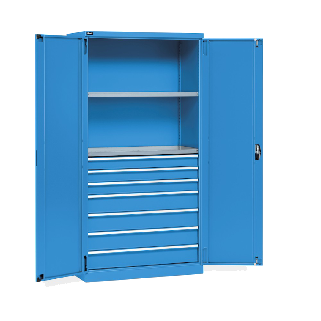PERFOM140, Armadio 2 ante a battente, 2 ripiani, 7 cassetti, L1023 x P555 x H2000 mm