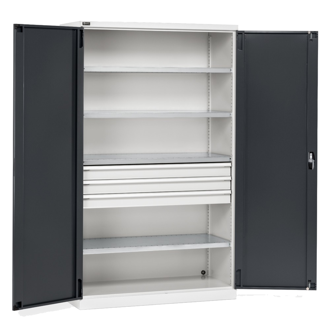 PERFOM170, Armadio con 2 ante, 4 ripiani fessurati, 3 cassetti telescopici, L1193 x P555 x H2000 mm