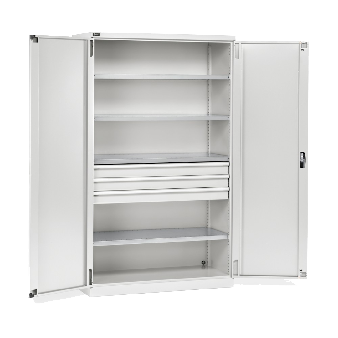 PERFOM170, Armadio con 2 ante, 4 ripiani fessurati, 3 cassetti telescopici, L1193 x P555 x H2000 mm