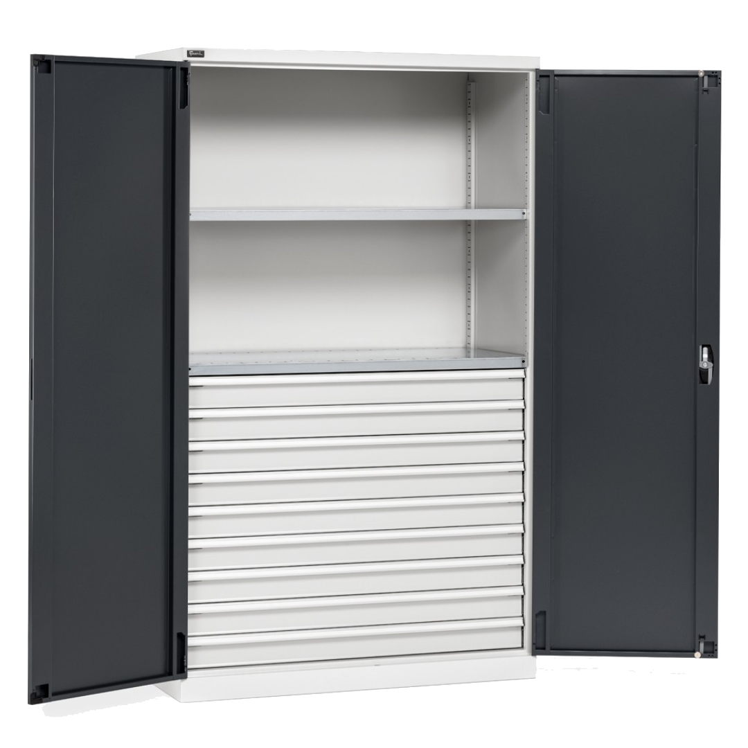 PERFOM170, Armadio con 2 ante, 2 ripiani fessurati, 9 cassetti telescopici, L1193 x P555 x H2000 mm