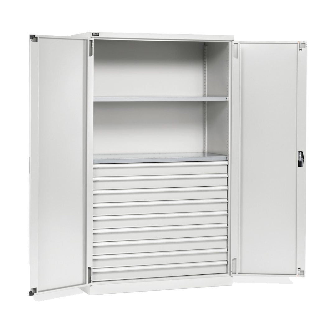 PERFOM170, Armadio con 2 ante, 2 ripiani fessurati, 9 cassetti telescopici, L1193 x P555 x H2000 mm