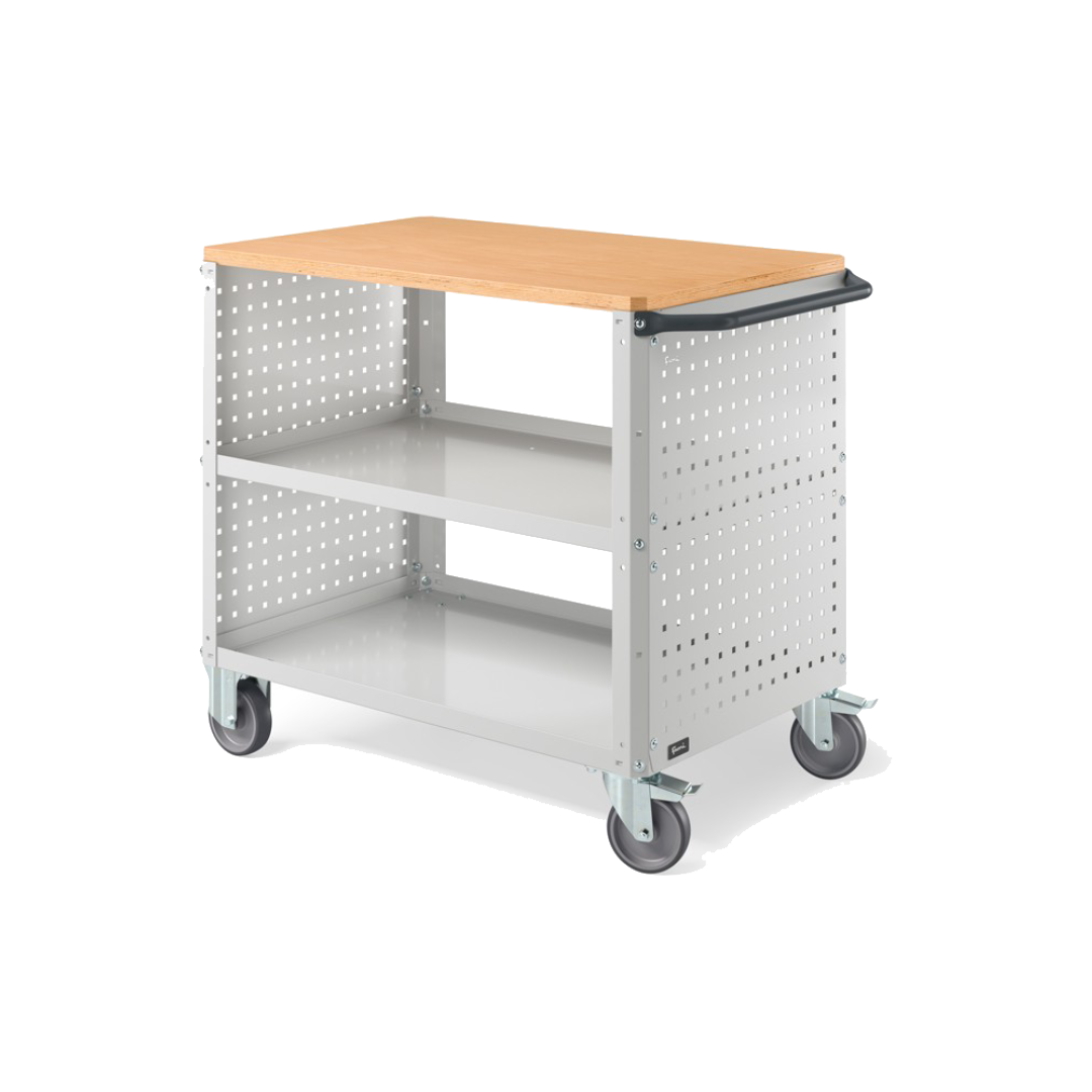 CLEVER10, Carrello a ripiani con ruote, piano in legno, piano aggiuntivo e pannelli forati