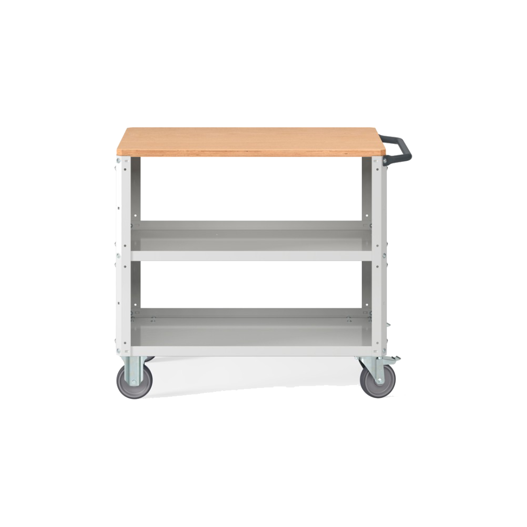 CLEVER10, Carrello a ripiani con ruote, piano in legno, piano aggiuntivo e pannelli forati