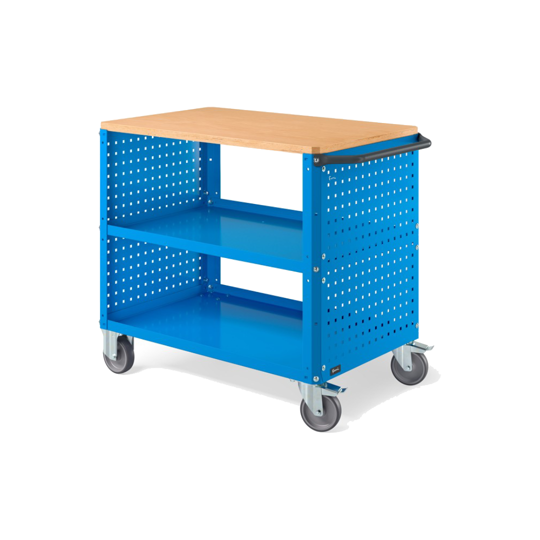 CLEVER10, Carrello a ripiani con ruote, piano in legno, piano aggiuntivo e pannelli forati